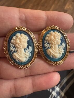 Gold-Tone Blue Cameo Statement Earrings